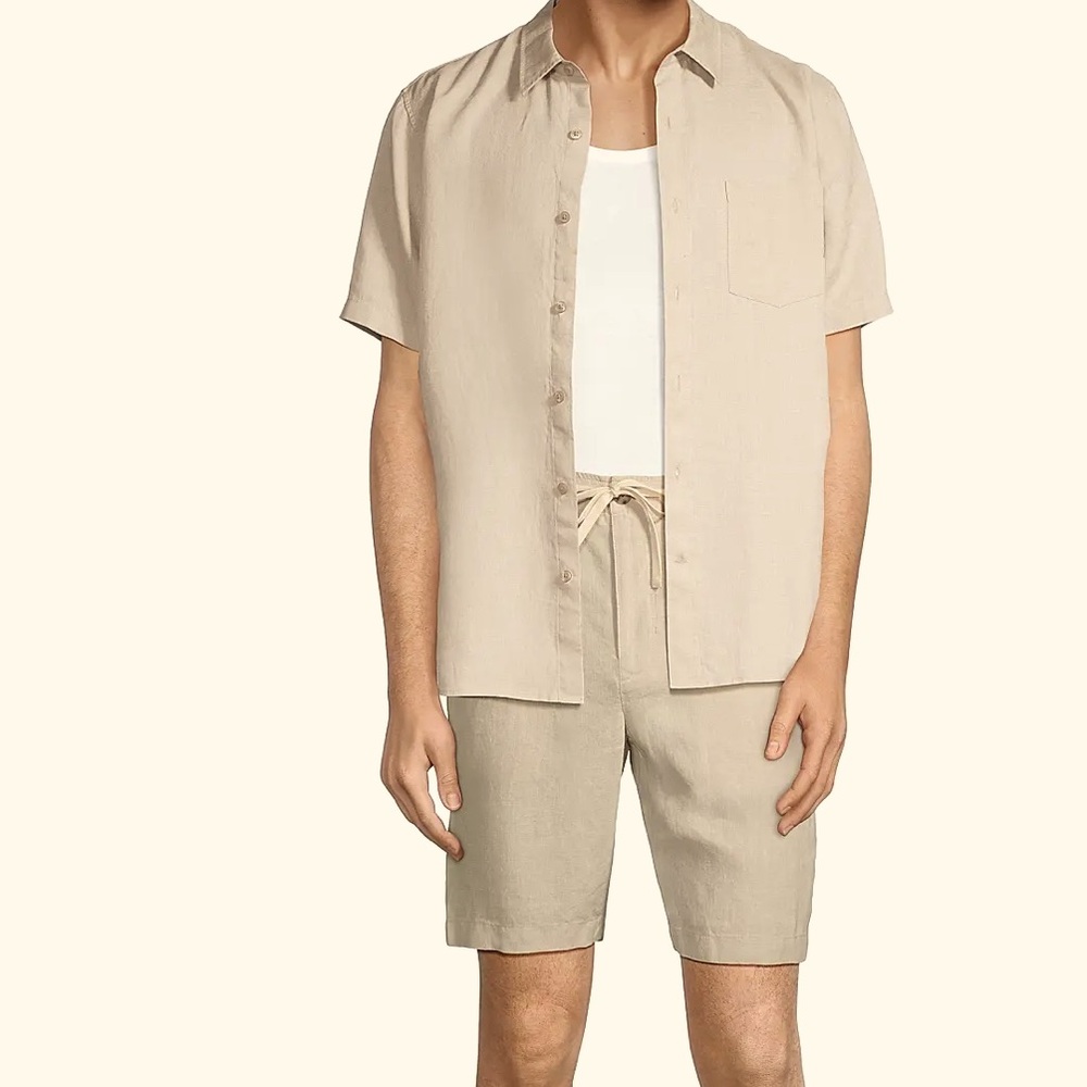 Vince Men’s Lightweight Hemp Flat Front Drawstring Button Zipper Khaki Shorts L
